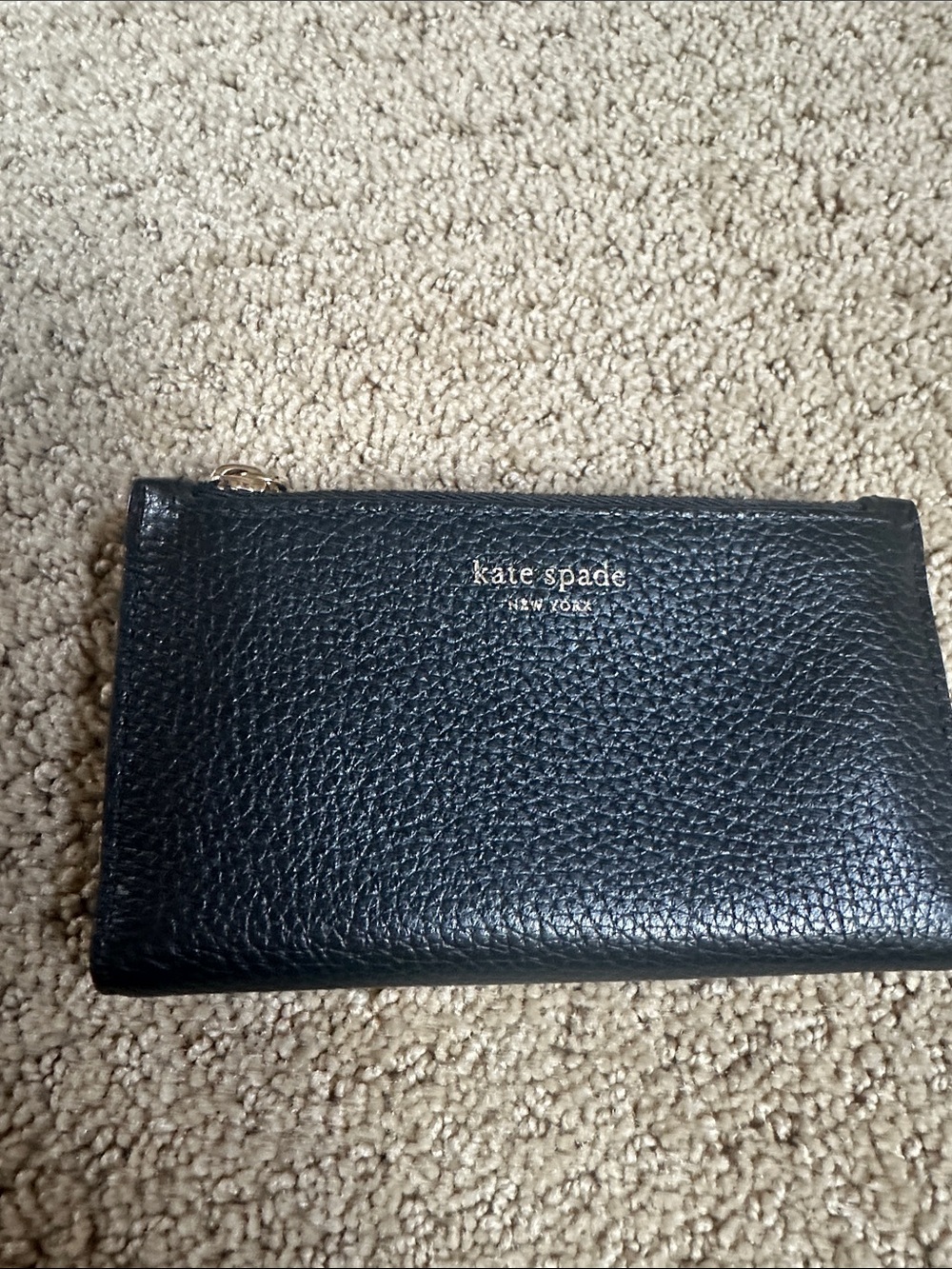kate spade Black Pebbled Leather Zip Wristlet Wallet with Gold Logo